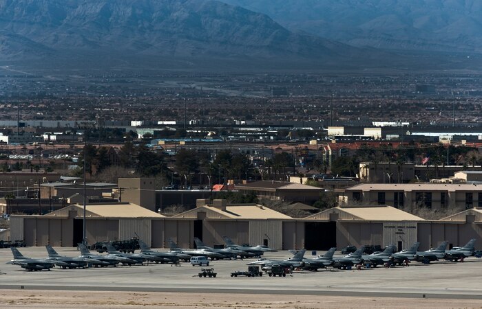 NELLIS AIR FORCE BASE, Nev., --  F-16 Fighting Falcons, 20th Fighter Wing, Shaw Air Force Base, S.C., sit on the Nellis AFB flight line during Red Flag 11-3, March 8. Red Flag is a realistic combat training exercise involving the air forces of the United States and its allies. The exercise is hosted north of Las Vegas on the Nevada Test and Training Range.(U.S. Air Force photo by Senior Airman Brett Clashman)