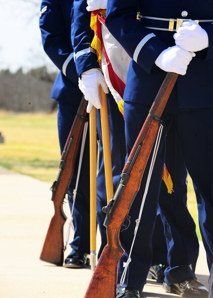 DYESS AIR FORCE BASE, Texas – Dyess Air Force Base Honor Guard members wait to present the colors March 11 during a Medal of Honor ceremony here honoring Chief Master Sgt. Richard Loy Etchberg. Chief Etchberg was a Senior NCO in the U.S. Air Force who posthumously received the military’s highest decoration, the Medal of Honor, for his actions during the Battle of Lima Site 85 in the Vietnam War. The medal was formally presented to his three sons by President Barack Obama during a ceremony at the White House on Sept. 21, 2010. (U.S. Air Force photo/ Airman 1st Class Courtney Moses)