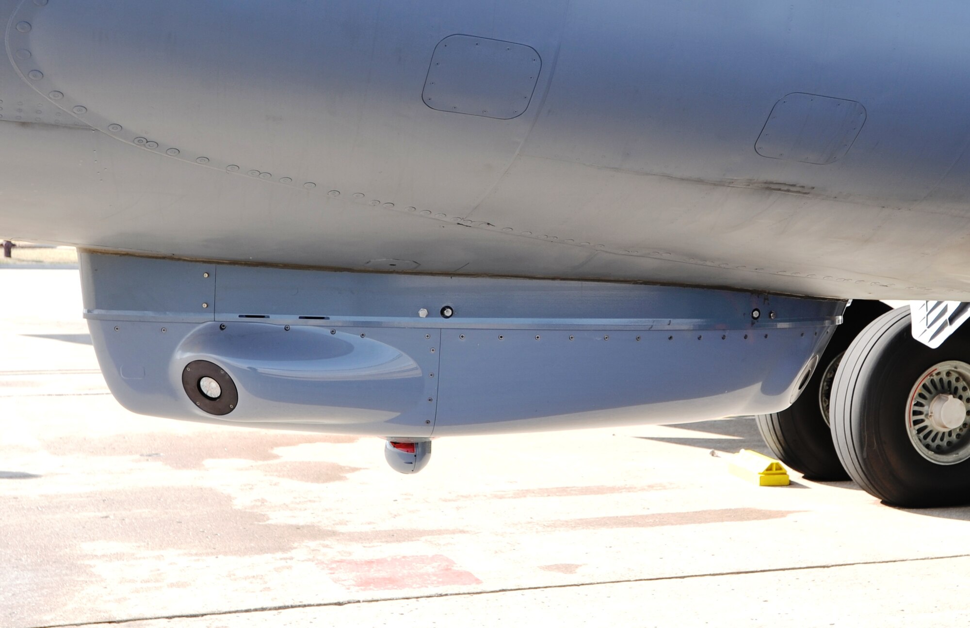 A Large Aircraft Infrared Countermeasures, or LAIRCM, system pod is attached to a KC-135 Stratotanker parked on the flightline March 1, 2011, at Scott Air Force Base, Ill.  In a combined effort between Air Mobility Command, the Air National Guard, the KC-135 Program Office, Northrop-Grumman and other agencies, a KC-135 LAIRCM pod defensive system is becoming a reality. The pod, called the Guardian System by maker Northrop-Grumman, is a laser-based countermeasures system designed to detect, provide warning of, and employ countermeasures against infrared-guided surface-to-air missiles. (U.S. Air Force Photo/Master Sgt. Scott T. Sturkol)