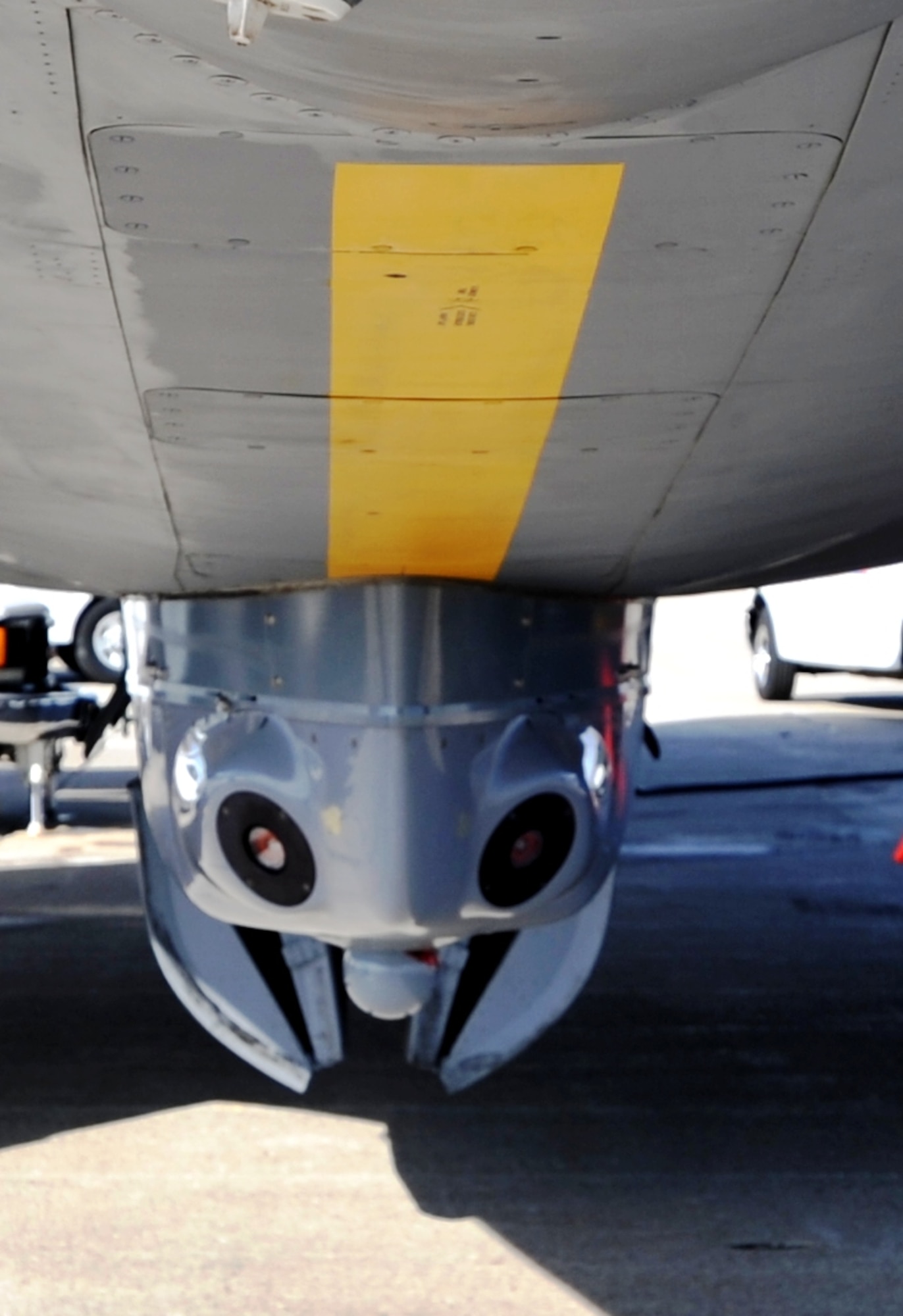 A Large Aircraft Infrared Countermeasures, or LAIRCM, system pod is attached to a KC-135 Stratotanker parked on the flightline March 1, 2011, at Scott Air Force Base, Ill.  In a combined effort between Air Mobility Command, the Air National Guard, the KC-135 Program Office, Northrop-Grumman and other agencies, a KC-135 LAIRCM pod defensive system is becoming a reality. The pod, called the Guardian System by maker Northrop-Grumman, is a laser-based countermeasures system designed to detect, provide warning of, and employ countermeasures against infrared-guided surface-to-air missiles. (U.S. Air Force Photo/Master Sgt. Scott T. Sturkol)