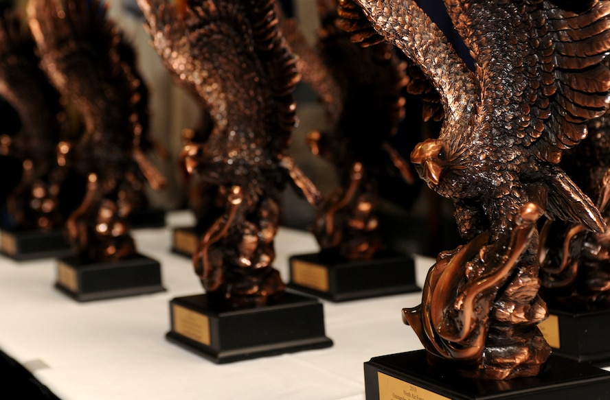 VALDOSTA, Ga.-- Outstanding Performers of the Year trophies sit as the nominees are introduced during the OPY awards ceremony at the James H. Rainwater Conference Center in Valdosta, Ga., March 10. Winners from each tier will next represent the 9th Air Force at the Air Combat Command-level awards. (U.S. Air Force photo/Airman 1st Class Benjamin Wiseman)(RELEASED)
