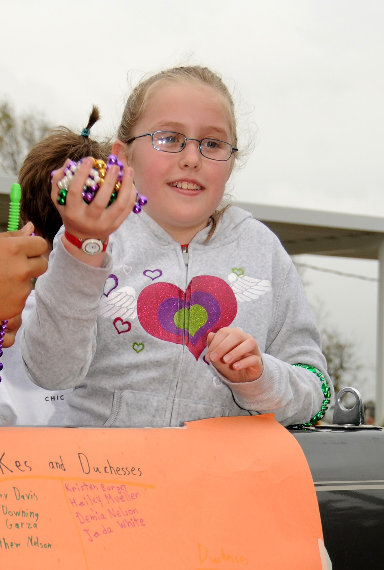 Hailey Mueller, 11, was a fifth-grade duchess in Friday’s Jeff Davis Elementary School
MardiGras parade.  Her parents are Keri and Brig. Gen. Andrew Mueller, 81st Training Wing commander.  (U.S. Air Force photo by Kemberly Groue)