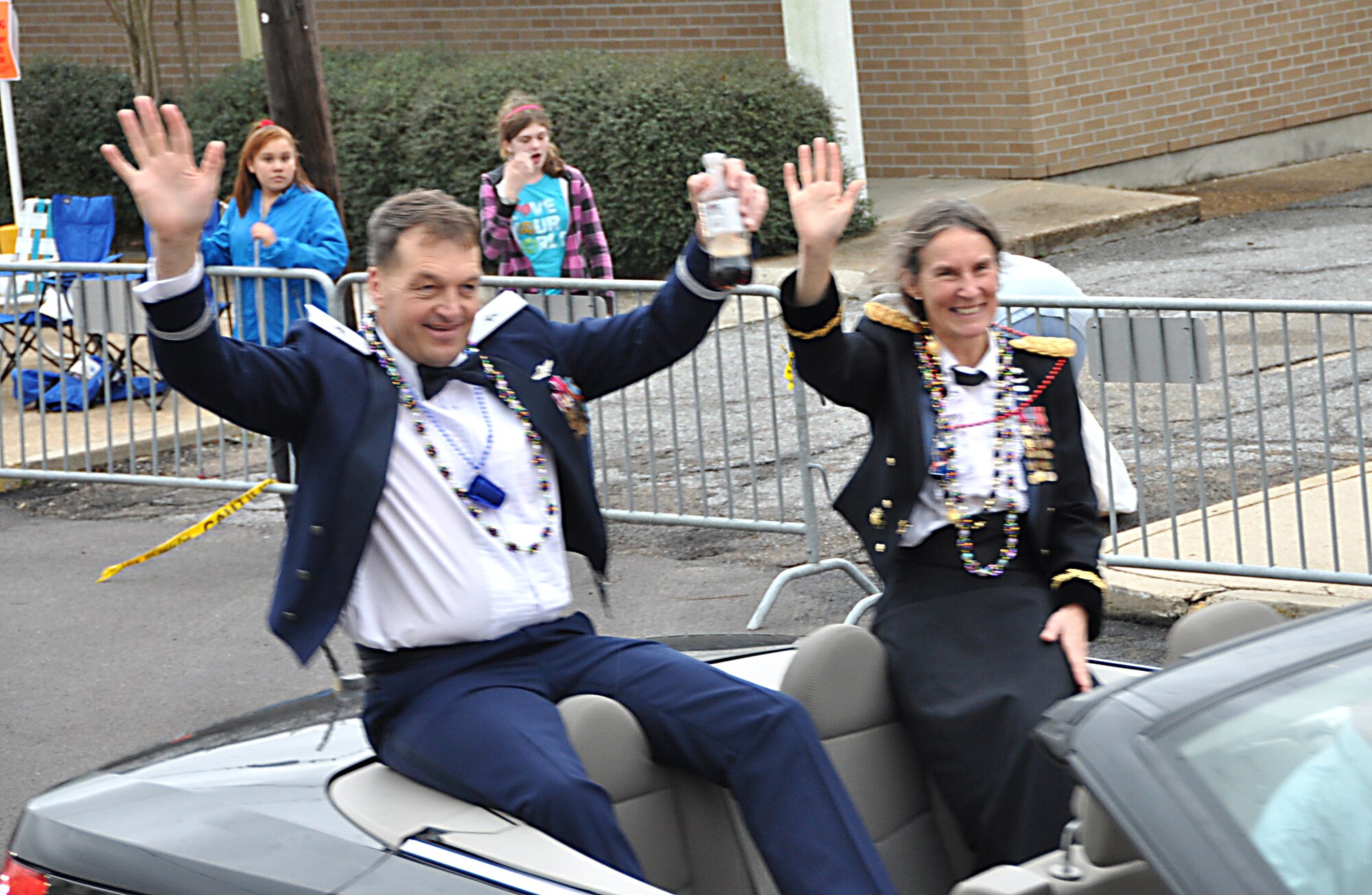 Brig. Gen. Kory Cornum, 81st Medical Group commander, and his wife, Brig. Gen. Rhonda Cornum, director of the Army’s Comprehensive Soldier Fitness Program, were grand marshals for Saturday’s Krewe of Gemini parade in Gulfport.  (U.S. Air Force photo by Steve Pivnick)