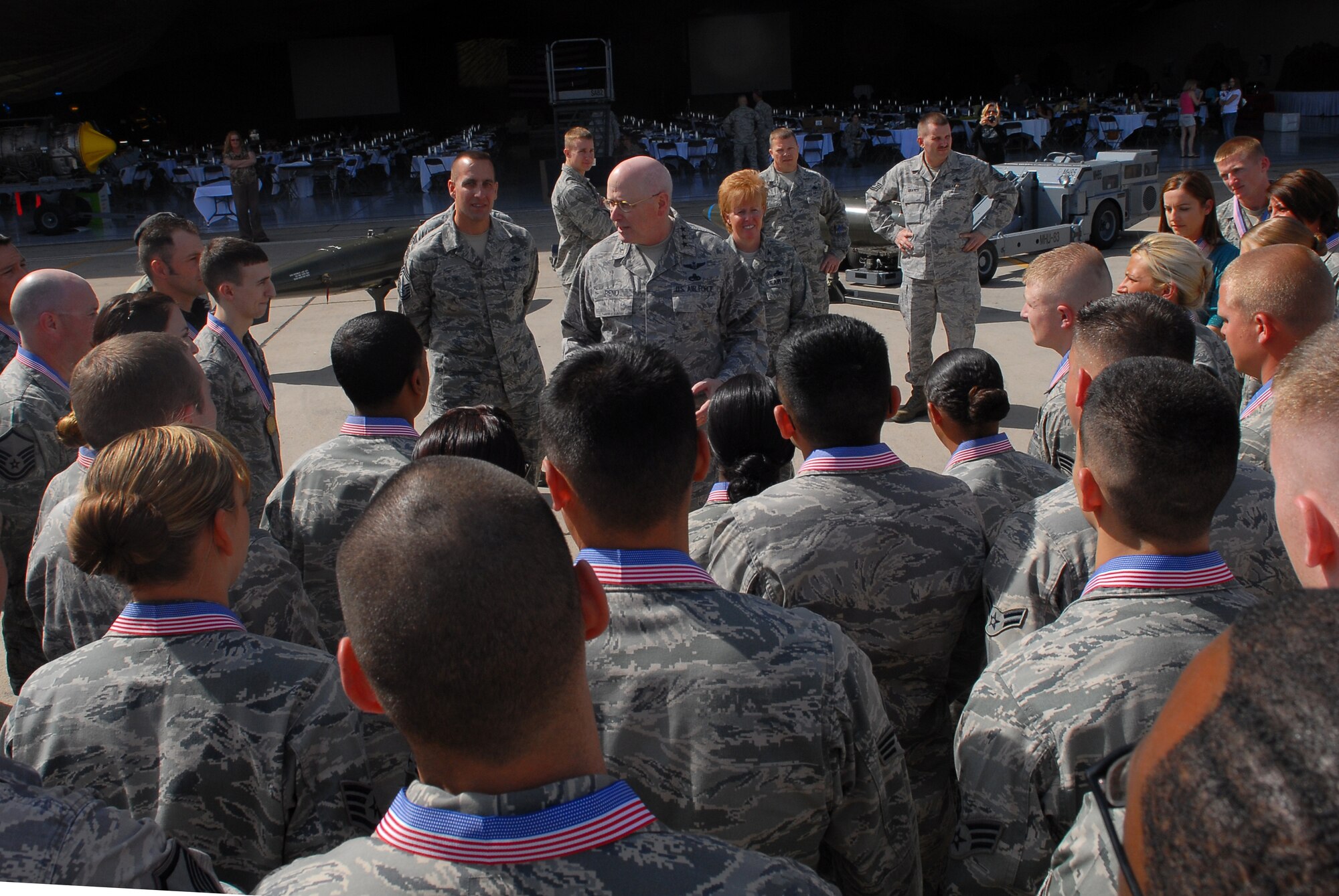 Lt. Gen. Loren Reno, Air Force deputy chief of staff for logistics, installations and mission support, speaks with the maintenance professional of the year nominees after the medallion ceremony before the start of the banquet.  (U.S. Air Force photo/Senior Airman Tracie Forte)