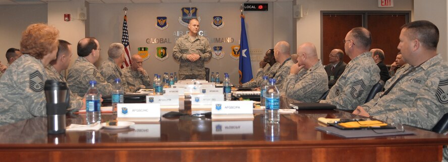 Chief Master Sgt. of the Air Force James A. Roy speaks to Air Force Global Strike Command leaders during his visit to Barksdale Air Force Base, La., March 8.   This was the chief's second visit to an AFGSC installation within a week, following his recent visit to  F.E. Warren Air Force Base, Wyo. (U.S. Air Force photo/Senior Airman Alexandra M. Boutte) 