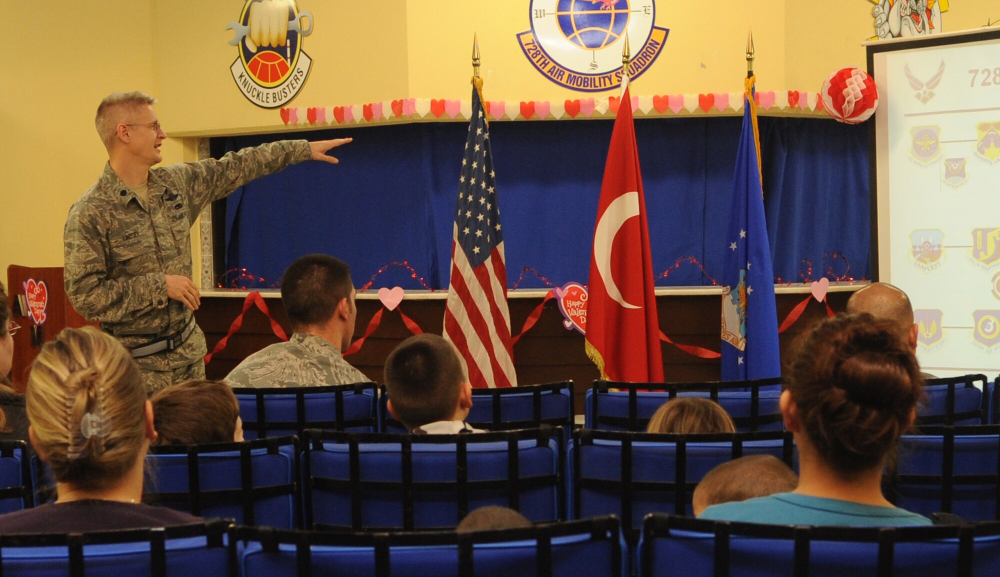 Lt. Col. Brian Lindsey, the 728th Air Mobility Squadron commander, gives a mission brief to family members Feb. 24, 2011, at Incirlik Air Base, Turkey. The 728th AMS hosted an open house for family members that included a guided tour, demonstrations and briefings by the Airmen of the 728th AMS to help family members understand what the Airmen do at the 728th. (U.S. Air Force photo by Tech. Sgt. Valda Wilson/Released)