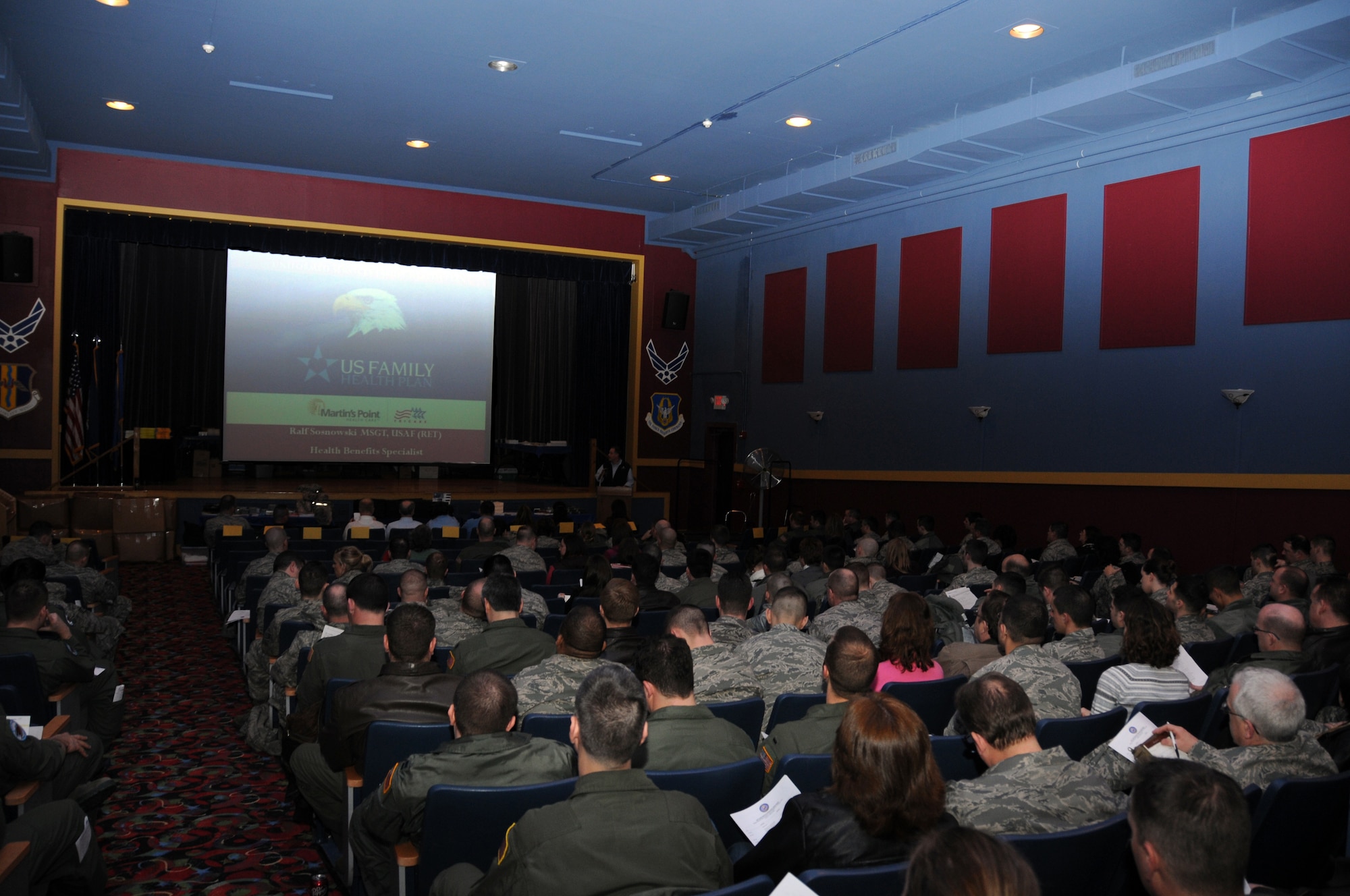 Almost two hundred 107th Airlift Wing members packed the base theatre for a pre-deployment Yellow Ribbon event designed to inform, educate and address concerns that the deployers and their family may have. More than a dozen subject matter experts addressed the Airmen simplifying benefits that they are entitled to receive.  Along with presentations from organizations such as Tricare, the VA and the Red Cross, 1st Lt. Lindsay Sorce the 107th Yellow Ribbon coordinator reassured the Airmen that there is support network in place for family that they leave behind.  Members from the 107th are slated to deploy to numerous locations throughout the year.  (U.S. Air Force photo/Staff Sgt. Peter Dean) 