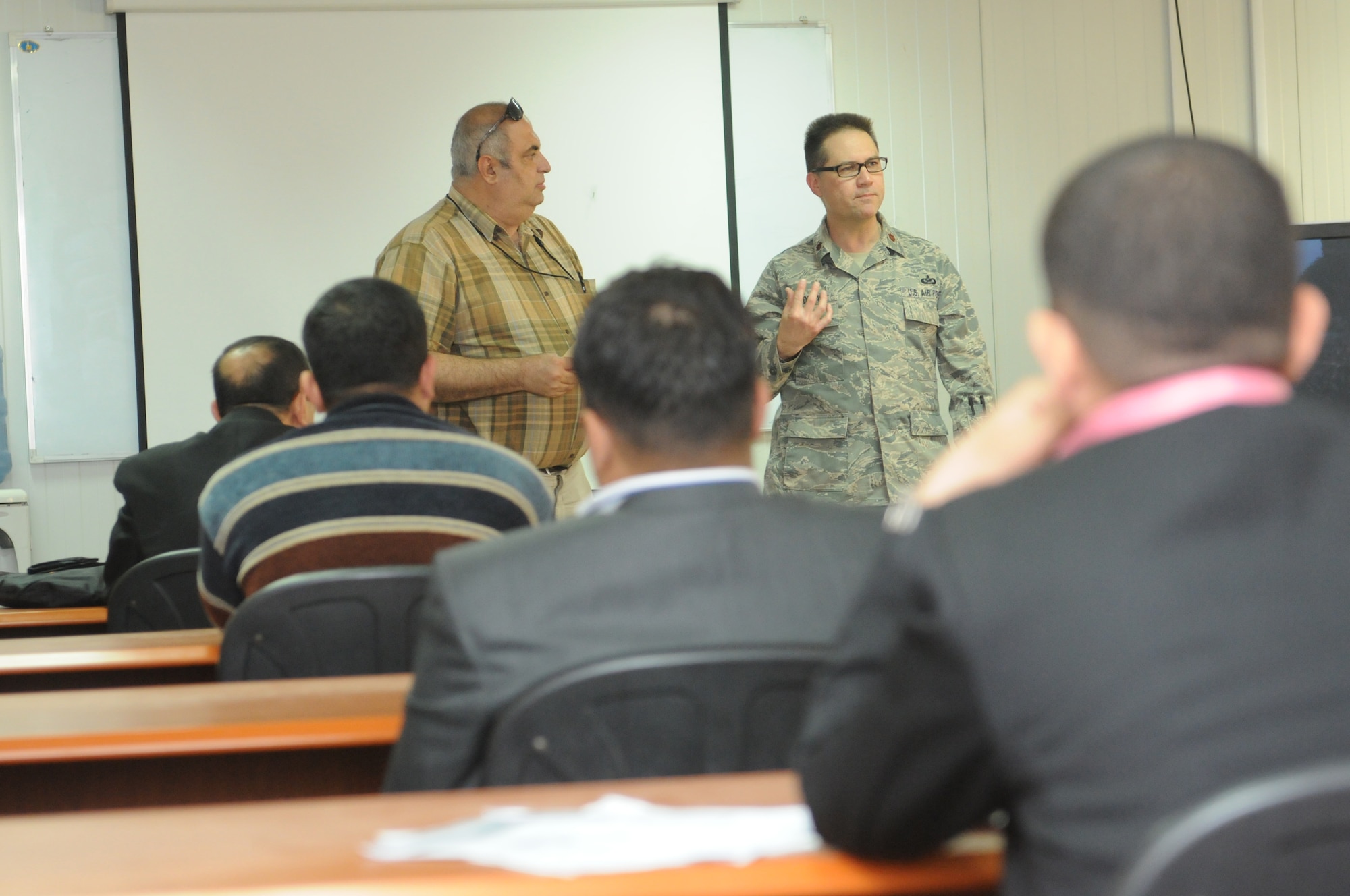 BAGHDAD - Maj. Jose A. Cardenas, 445th Airlift Wing Public Affairs, currently deployed as the Deputy Public Affairs Officer to the Deputy Commanding General for Advising and Training, serves as a guest lecturer during the Iraqi Ministry of Defense’s Advanced Broadcasting and Television Production Workshop conducted at the MoD’s Ministerial Developmental and Training Center here Feb. 28. Major Cardenas works in his civilian profession as a professor with the Department of Telecommunications at Bowling Green State University in Bowling Green, Ohio. (U.S. Army photo/Spc. Breeanna DuBuke)