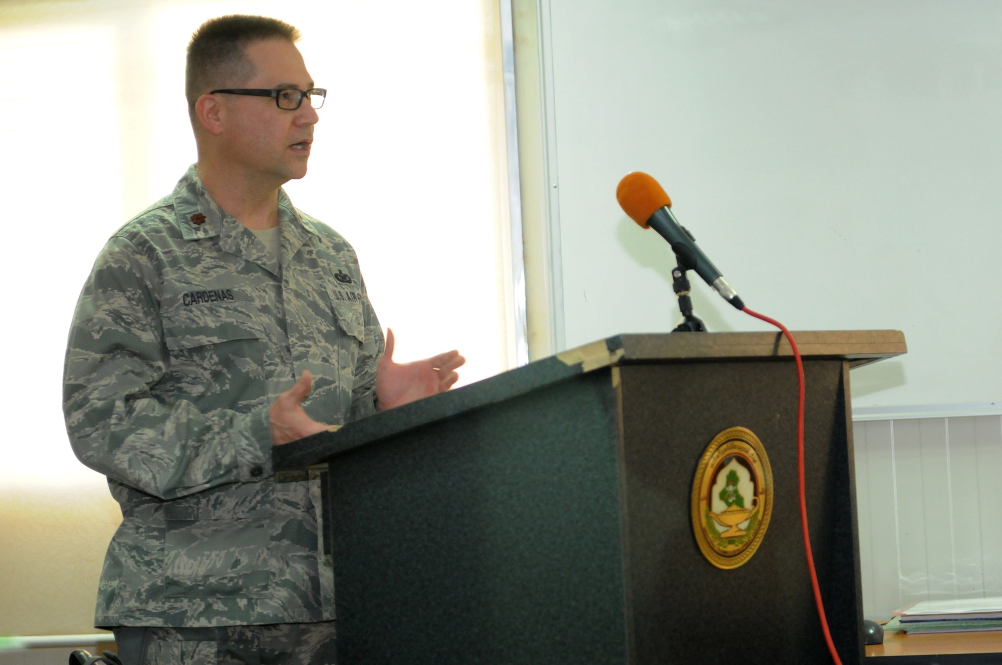 BAGHDAD - U.S. Air Force Maj. Jose A. Cardenas, 445th Airlift Wing Public Affairs, currently deployed as the Deputy Public Affairs Officer to the U.S. Forces-Iraq Deputy Commanding General for Advising and Training, serves as a guest lecturer at the Iraqi Ministry of Defense’s Advanced Broadcasting and Television Production Workshop conducted at the MoD’s Ministerial Developmental and Training Center here on March 2. Major Cardenas works in his civilian profession as a professor with the Department of Telecommunications at Bowling Green State University in Bowling Green, Ohio. (U.S. Army photo/Spc. Breeanna DuBuke)