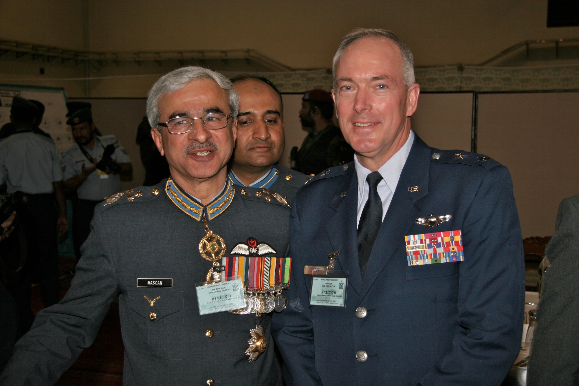 Major General Richard Shook, the Individual Mobilization Augmentee to the Commander of U.S. Air Forces Central Command meets with Air Marshall Mohammad Hassan, deputy chief of the Air Force Staff.  Both were present on March 10 at Pakistan Air Force Base Shahbaz, in Jacobabad, Pakistan for a re-equipping ceremony in which the Pakistan Air Force formally activated Squadron 5 with 18, F-16 Block 52 aircraft procured from the United States. (U.S. Air Force photo by Lt. Col. Michael Shavers)