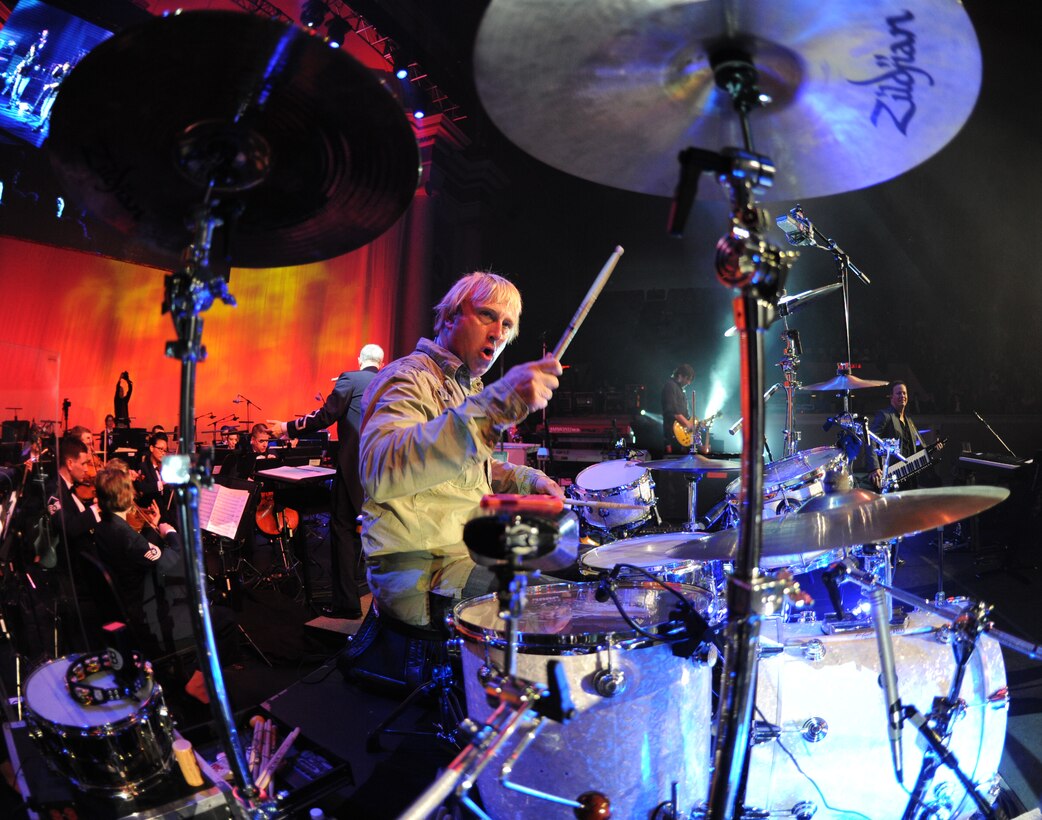 Mr. Keech Rainwater, drummer for country rock group Lonestar, strikes his drums set March 6 at the Daughters of the American Revolution Constitution Hall, Washington, D.C. The performance is part of the USAF Band’s 2011 Guest Artist Series. (U.S. Air Force photo by Senior Airman Christopher Ruano)