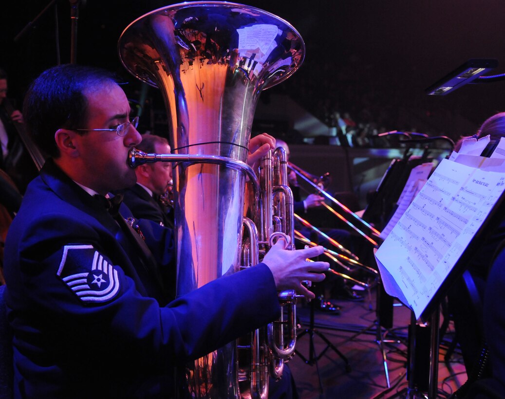 Master Sgt. Brian Sands, member in The U.S. Air Force Band, plays the tuba March 6 at the Daughters of the American Revolution Constitution Hall, Washington, D.C. Musicians from The USAF Band's Max Impact, Airmen of Note, The Singing Sergeants and The Air Force Strings ensembles contribute to the 2011 Guest Artist Series. (U.S. Air Force photo by Senior Airman Christopher Ruano) 