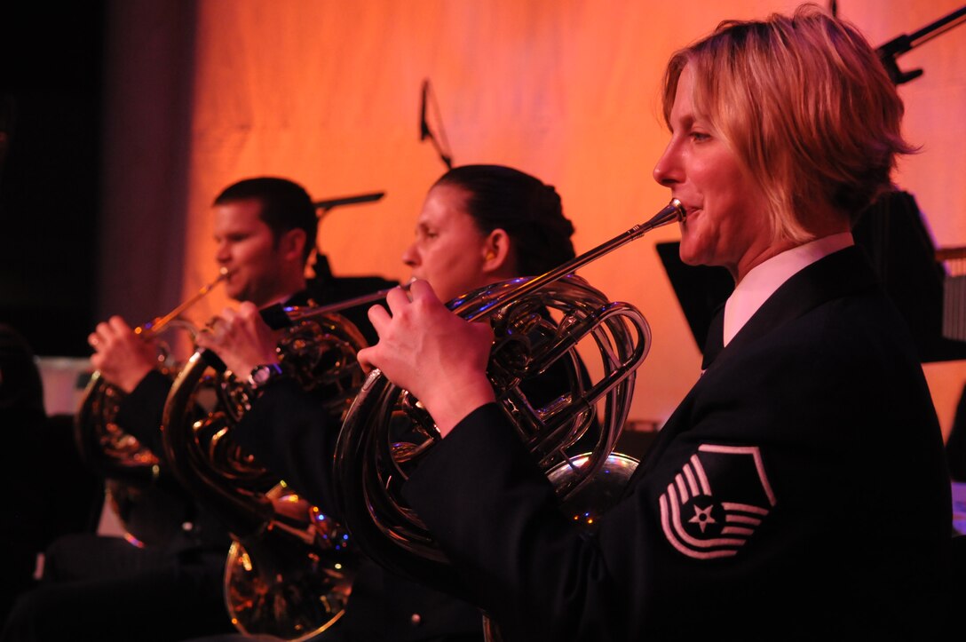 Master Sgt. Kathleen Fitzpatrick, U.S. Air Force Band member, plays the French horn March 6 at the Daughters of the American Revolution Constitution Hall, Washington, D.C. Musicians from The U.S. Air Force Band's Max Impact, Airmen of Note, The Singing Sergeants and The Air Force Strings contribute to the 2011 Guest Artist Series. (U.S. Air Force photo by Senior Airman Christopher Ruano)