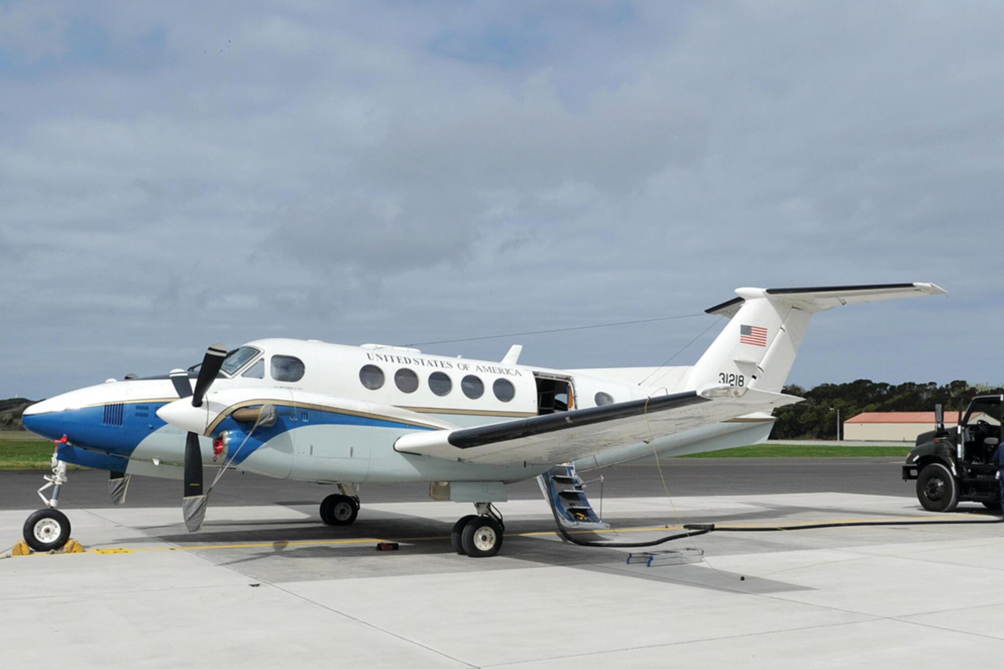 U.S. Air Force C-12 Huron stops at Lajes to refuel during its mission to St. John's, Canada, March 1, 2011.  The U.S. Air Force operated four C-12J aircraft in 2010; three of these aircraft are operated at Yokota Air Base, Japan, while Holloman AFB, N.M., operated the fourth aircraft.  (Photo by Guido Melo)