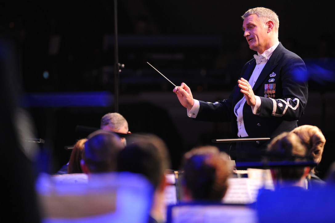 Lt. Col. A. Phillip Waite, Commander and Conductor of The U.S. Air Force Band, leads the Concert Band March 6 at the Daughters of the American Revolution Constitution Hall, Washington, D.C. The performance is part of the USAF Band’s 2011 Guest Artist Series. (U.S. Air Force photo by Senior Airman Christopher Ruano)