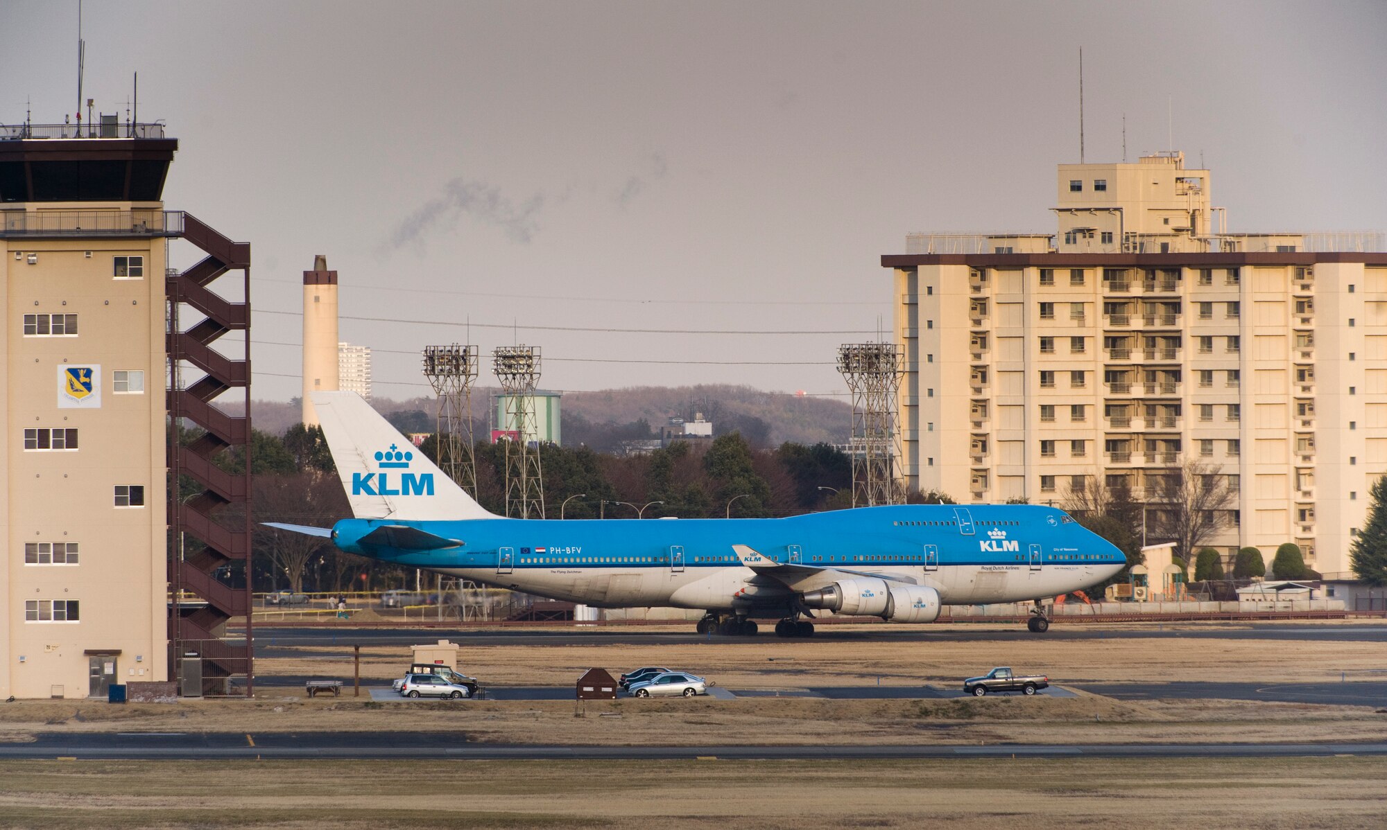 A KLM Airline aircraft lands here March 11, after diverting from Narita International Airport, Tokyo, Japan. Yokota Air Base opened its airfield after an earthquake struck near Tokyo. (U.S. Air Force photo/Staff Sgt. Samuel Morse)
