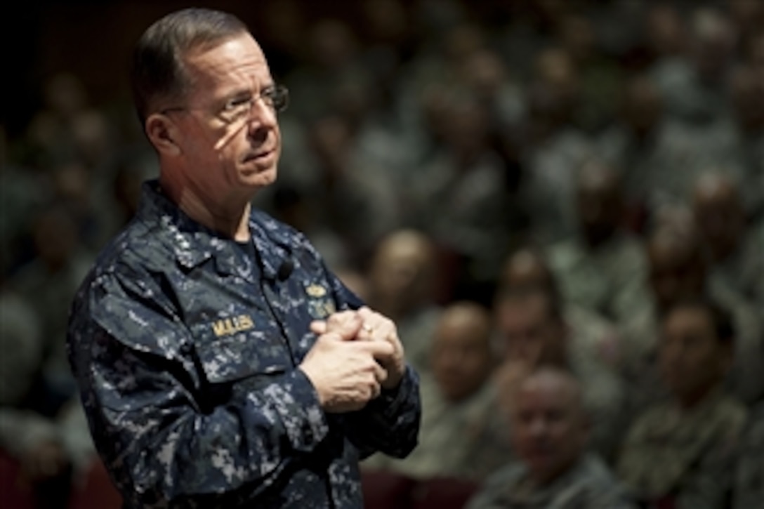 Chairman of the Joint Chiefs of Staff Adm. Mike Mullen, U.S. Navy, addresses students assigned to the U.S. Army Sergeants Major Academy at Fort Bliss in El Paso, Texas, on March 10, 2011.  