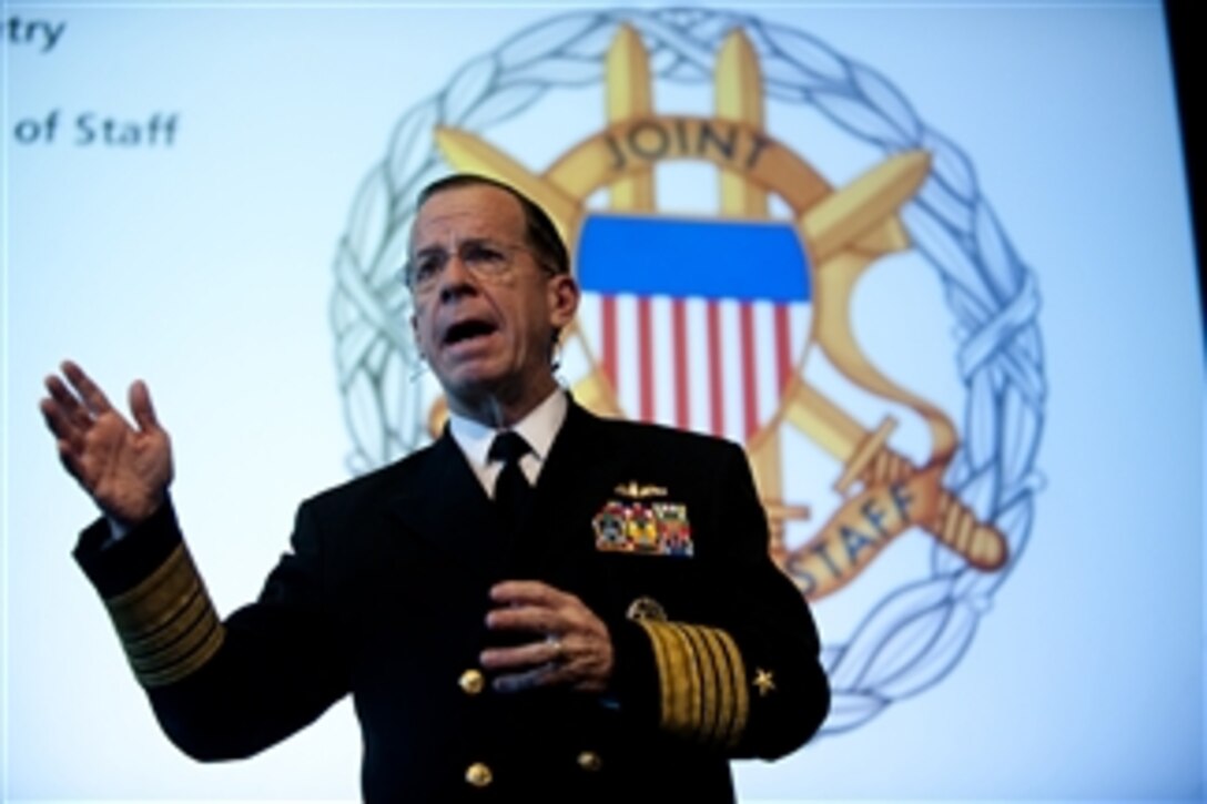 Chairman of the Joint Chiefs of Staff Adm. Mike Mullen addresses audience members at Arizona State University's Walter Cronkite School of Journalism in Phoenix, Ariz., on March 10, 2010.  Mullen visited the university to speak with Arizona local and state officials in his continuing Conversations with the Country tour.  