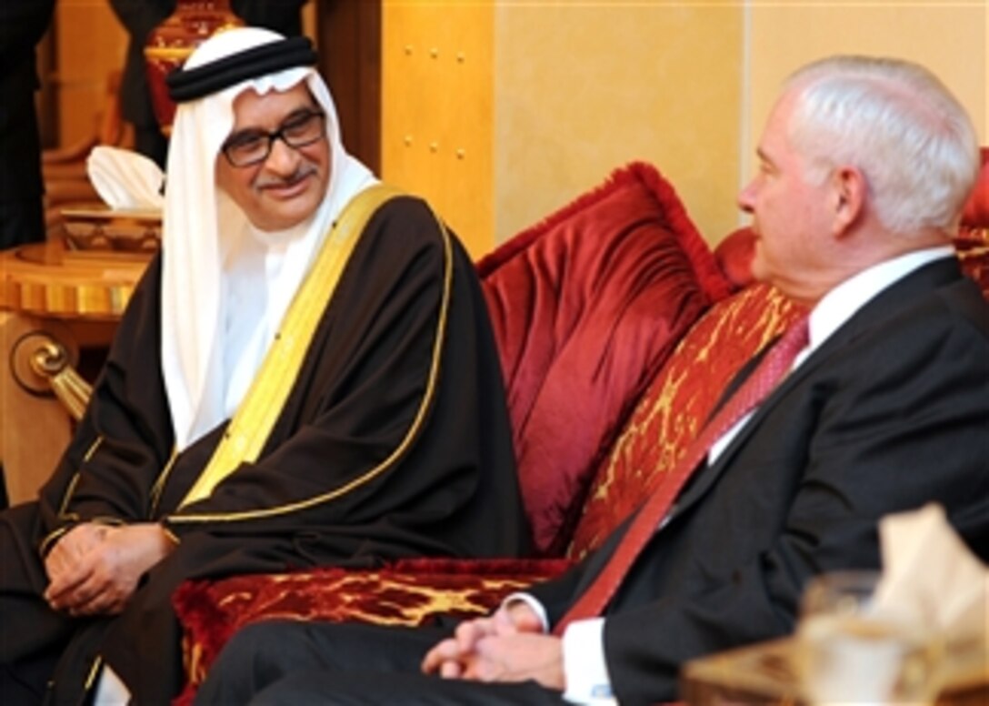 Secretary of Defense Robert M. Gates meets with by Bahraini Minister of State for Defense Affairs Sheikh Mohammed Bin Abdulla Al Khalifa after his arrival in Bahrain on March 11, 2003.  