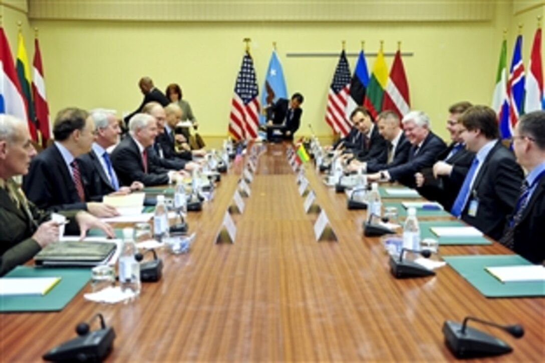 U.S. Defense Secretary Robert M. Gates meets with defense ministers from three Baltic states, Estonia, Latvia and Lithuania, at NATO headquarters in Brussels, Belgium, March 11, 2011.  Gates is in Belgium to attend NATO defense ministers meetings.