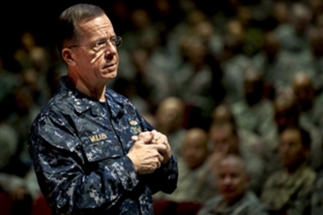 Navy Adm. Mike Mullen, chairman of the Joint Chiefs of Staff, addresses students assigned to the U.S. Army Sergeants Major Academy on Fort Bliss in El Paso, Texas, March 10, 2011.