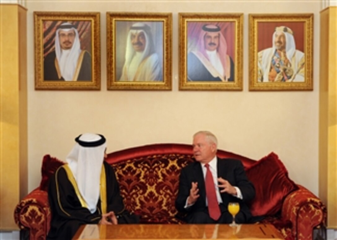 Secretary of Defense Robert M. Gates meets with by Bahraini Minister of State for Defense Affairs Sheikh Mohammed Bin Abdulla Al Khalifa after his arrival in Bahrain on March 11, 2003.  