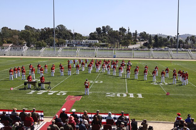 The U.S. Marine Drum and Bugle Corps, Marine Barracks Washington, performs during the annual Battle Color Ceremony at Camp Pendleton’s Paige Field House, March 11. The ceremony began with performances by “The Commandant’s Own,” a unit comprised of more than 80 Marine musicians; the unit is currently the only one of its kind in the U.S. Armed Forces.