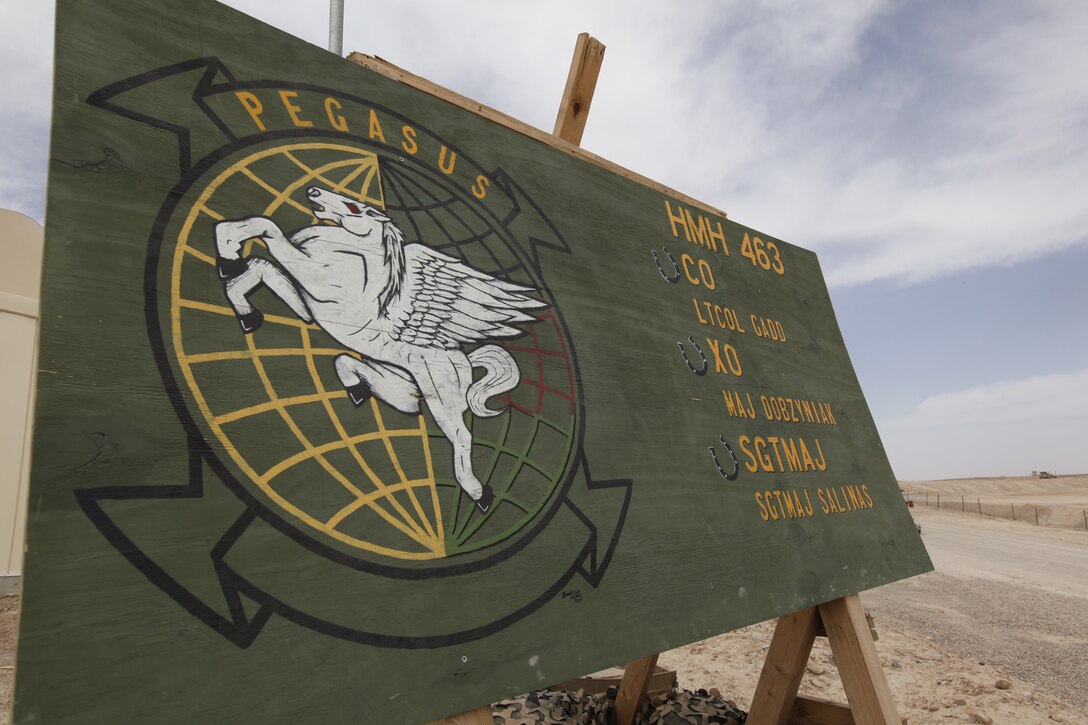 A sign designating Heavy Marine Helicopter Squadron 463’s new home on the flightline at Camp Bastion, Afghanistan, overlooks the desert horizon, March 12. Pegasus’ current deployment marks the second time the squadron has deployed in support of operations in southwestern Afghanitsan.