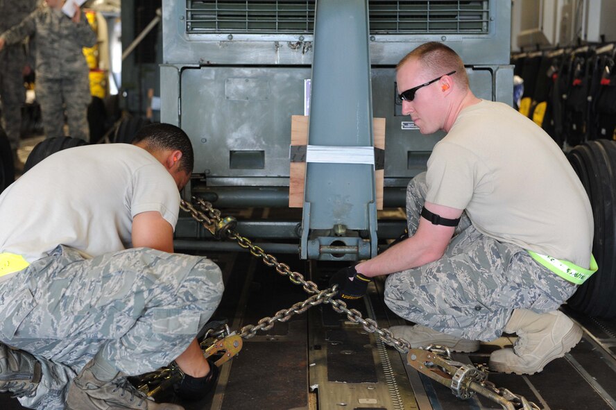 Airman 1st Class James Limon and Senior Airman Kevin Kust, 735th Air Mobility Squadron ramp service specialists, secure a generator to the floor of a C-17 in preparation for its departure on a humanitarian mission to Japan Mar. 12, 2011, at Joint Base Pearl Harbor-Hickam, Hawaii. The plane will visit various Air Force bases in Japan during its mission to to provide support for Japan relief efforts in the wake of tsunami and earthquake damage there. (U.S. Air Force photo/Staff Sgt. Nathan Allen)