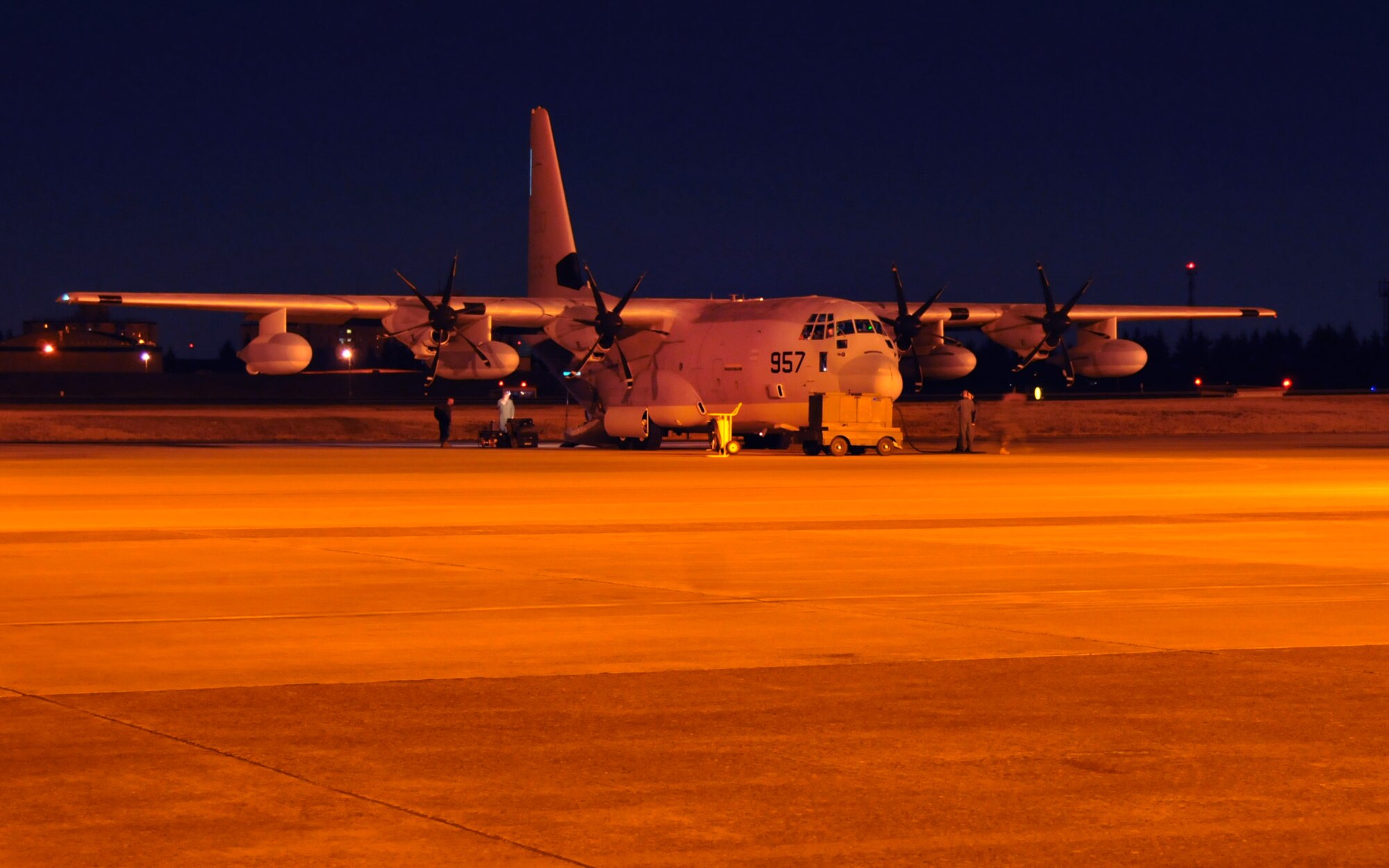 YOKOTA AIR BASE, Japan -- A KC-130J carrying U.S. Marines arrives here March 12. The flight was part of the first wave of American disaster relief forces to assist the earthquake and tsunami recovery effort. (U.S. Air Force photo/Airman 1st Class Andrea Salazar)