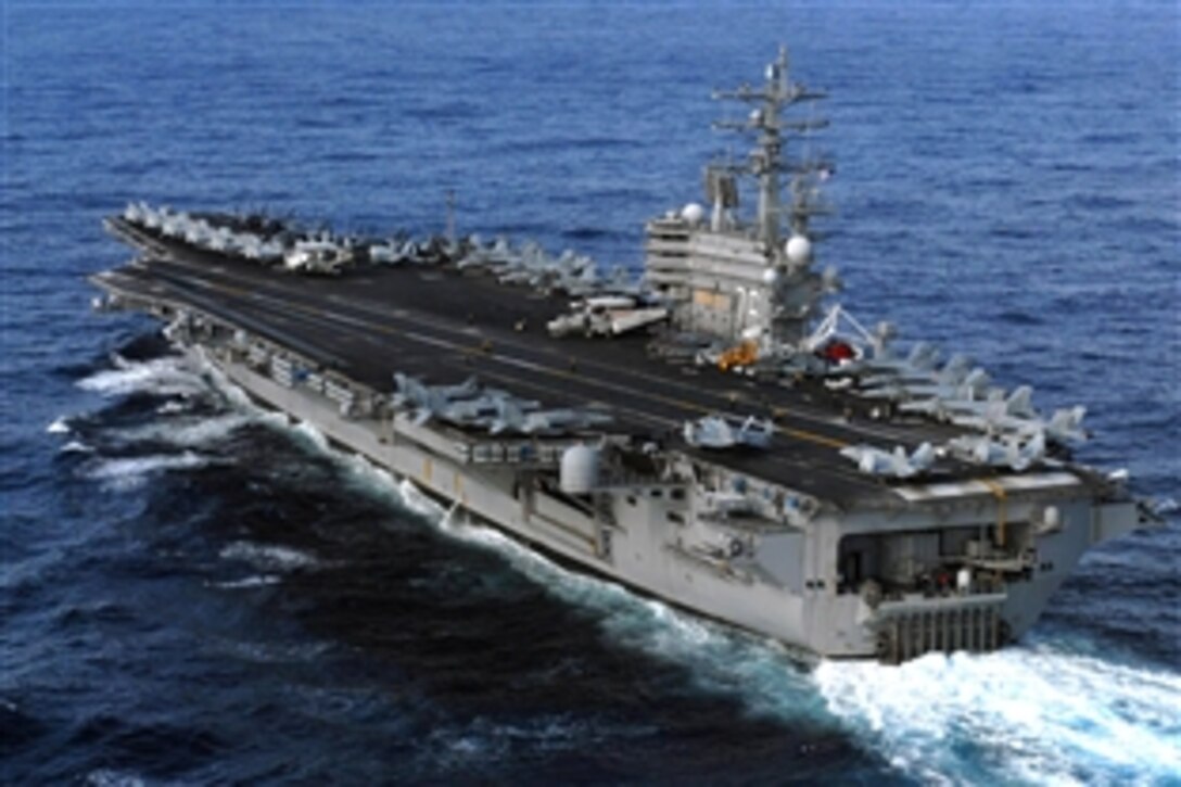 The aircraft carrier USS Ronald Reagan is under way in the 7th Fleet area of responsibility, March 12, 2011. The Ronald Reagan has been directed to Japan following an 8.9 earthquake and tsunami to render humanitarian assistance and disaster relief. 