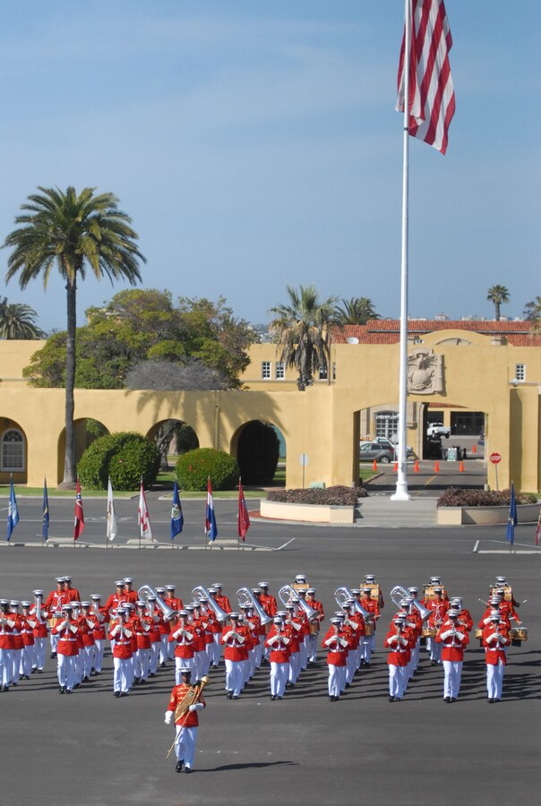 'The Commandant's Own' kicked off the parade by playing the popular Broadway standard "Don't Rain on my Parade" as they rounded the flagpole in a crisp formation making their way into the crowd's view on the parade deck. This piece has been performed by Barbra streisand in both the Broadway musical and film versions of 'Funny Girl.'