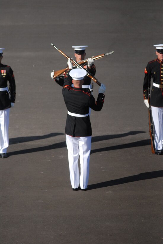 The Silent Drill Platoon was formed in 1948 for a one-time demonstration for an evening parade, but due to the overpowering response, they soon became a regular part of the routine for the parades at Marine Barracks, Washington D.C.