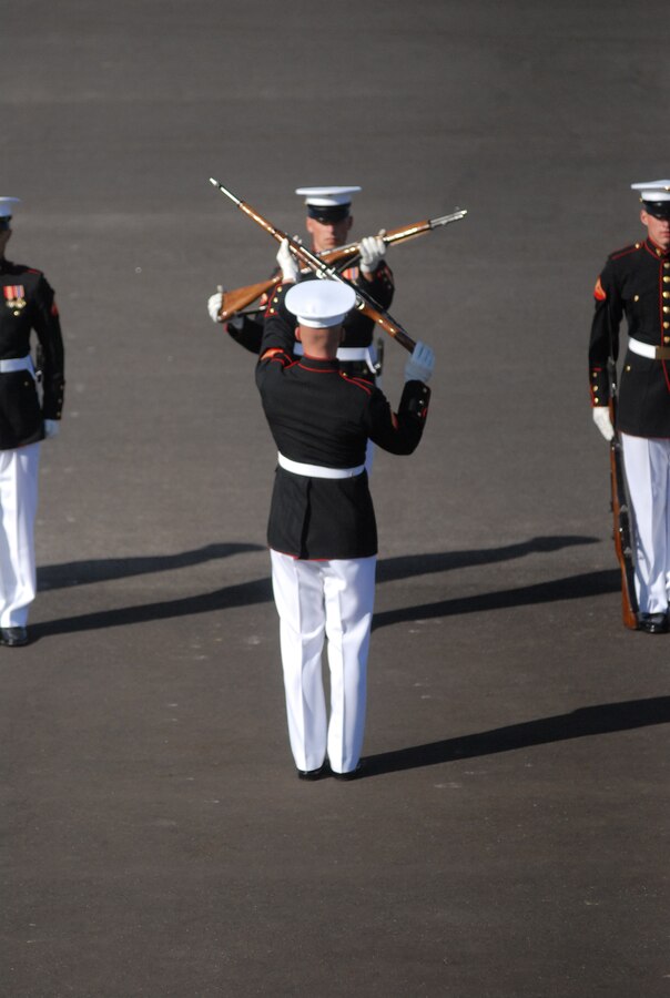 The Silent Drill Platoon was formed in 1948 for a one-time demonstration for an evening parade, but due to the overpowering response, they soon became a regular part of the routine for the parades at Marine Barracks, Washington D.C.