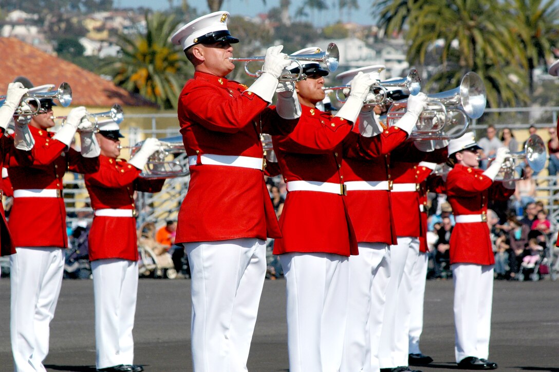 Members of the Drum and Bugle Corps perform for staff, family and friends of Marine Corps Recruit Depot San Diego March 12. These musicians have the distinction of being the only drum and bugle corps in America's armed services.