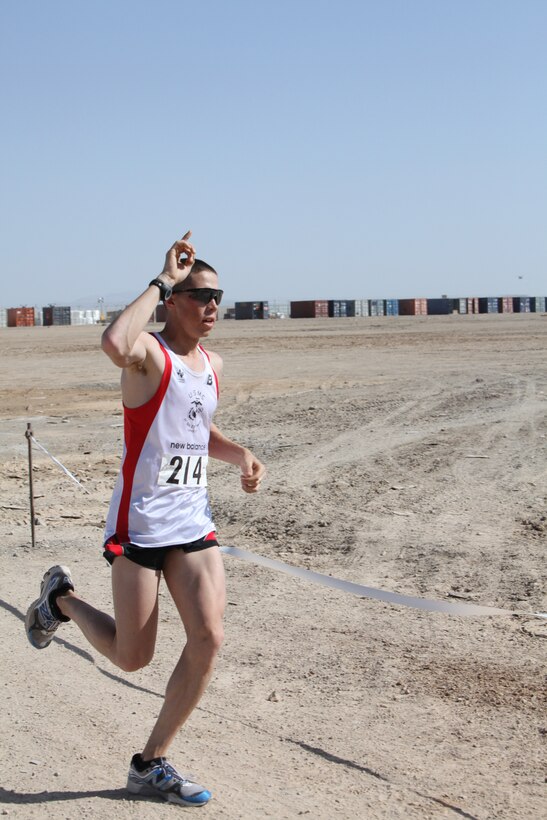 Lance Cpl. Richard J. Powell, an infantryman with 1st Battalion, 23rd Marine Regiment, Marine Corps Reserve, took first place in a half marathon on Camp Bastion, Afghanistan, with a time of 1 hour, 22 minutes, March 13. Powell finished first out of more than 400 coalition troops and civilians who took part in the run.::r::::n::::r::::n::::r::::n::