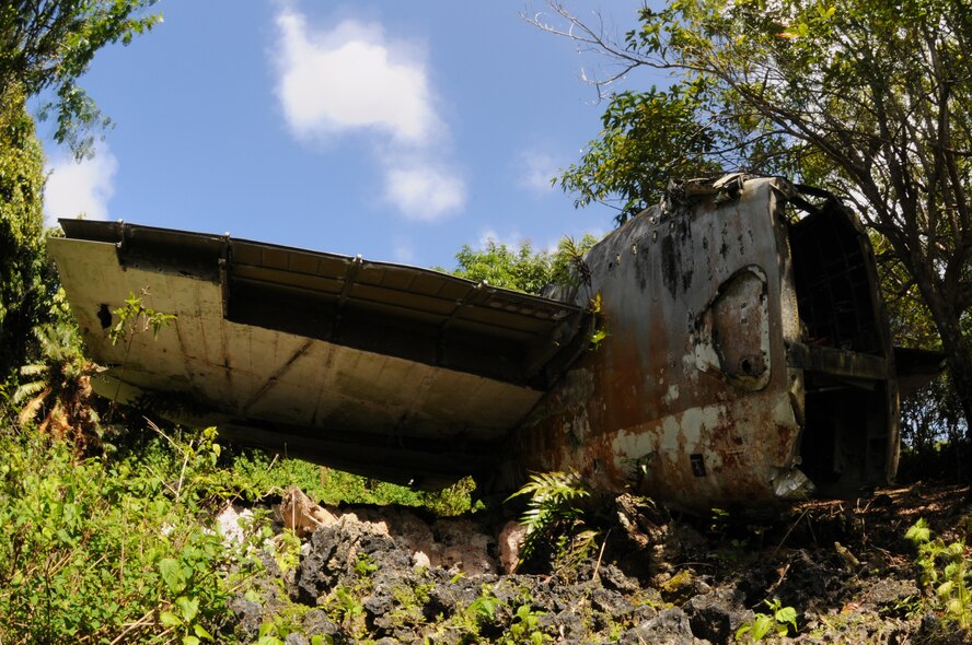 ANDERSEN AIR FORCE BASE, Guam - The ?Old 100? relic located in the woods by HSC-25 here is a reminder of the Vietnam War and the sacrifices that were made Dec. 18, 1972 to Dec. 29, 1972. More than 700 sorties were flown out of Andersen and 15,000 tons of bombs were dropped during the Linebacker II campaign. (U.S. Air Force photo/Senior Airman Carlin Leslie)
