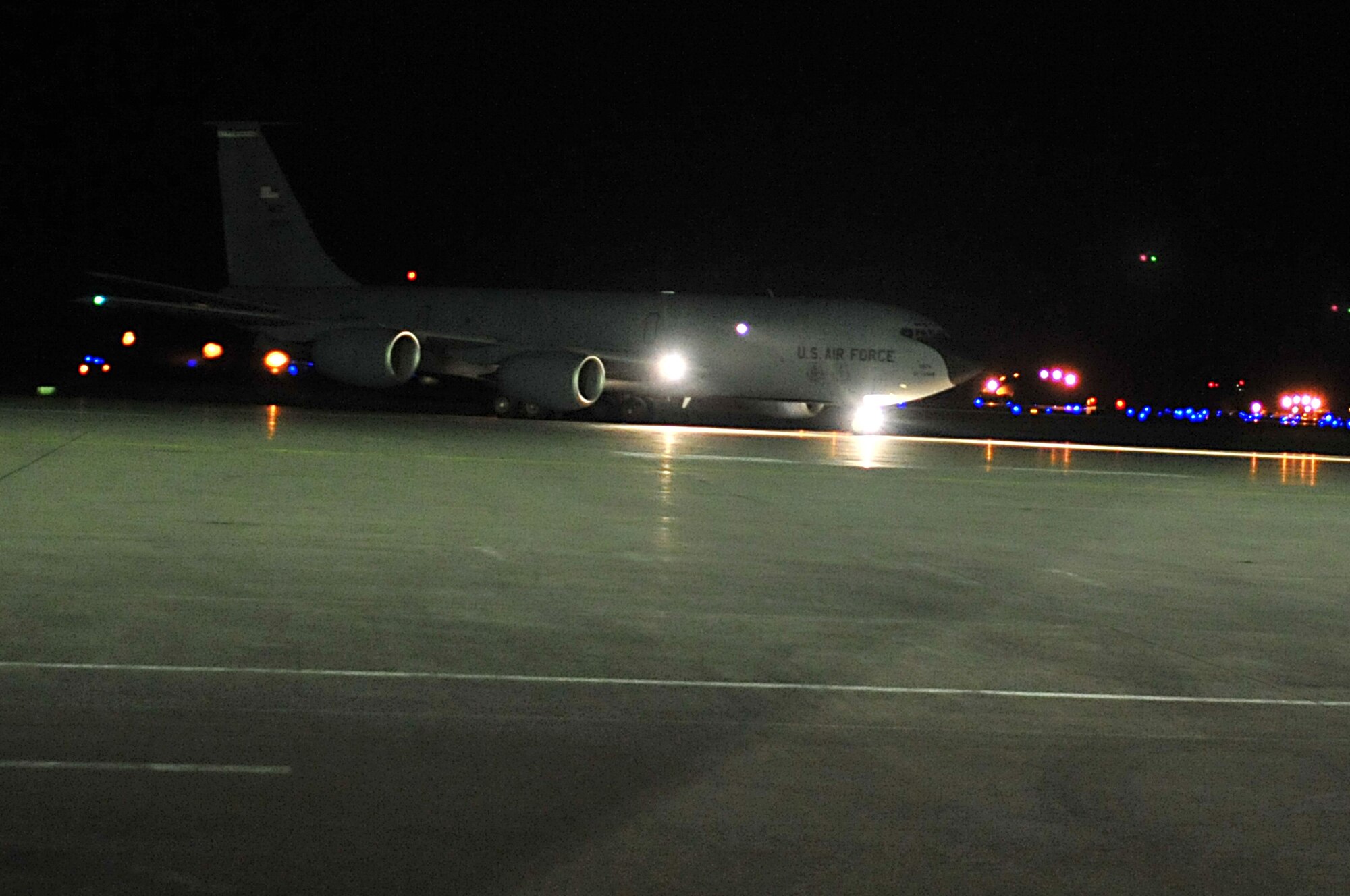 MISAWA AIR BASE, Japan -- A U.S. Air Force KC-135 Stratotanker arrives here with the first wave or humanitarian relief workers Mar. 13. More than 50 Civil Engineer members out of Kadena Air Base, Japan arrived here to help out with base recovery actions. (U.S. Air Force photo by Staff Sgt. Marie Brown\Released)