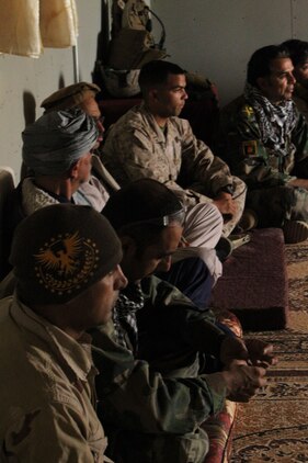 Marines, with 3rd Battalion, 1st Marine Regiment, and role players of the local army and police force talk with village elders about their problems and concerns during the final week of an Advisor Training Group course March 14, 2011.
