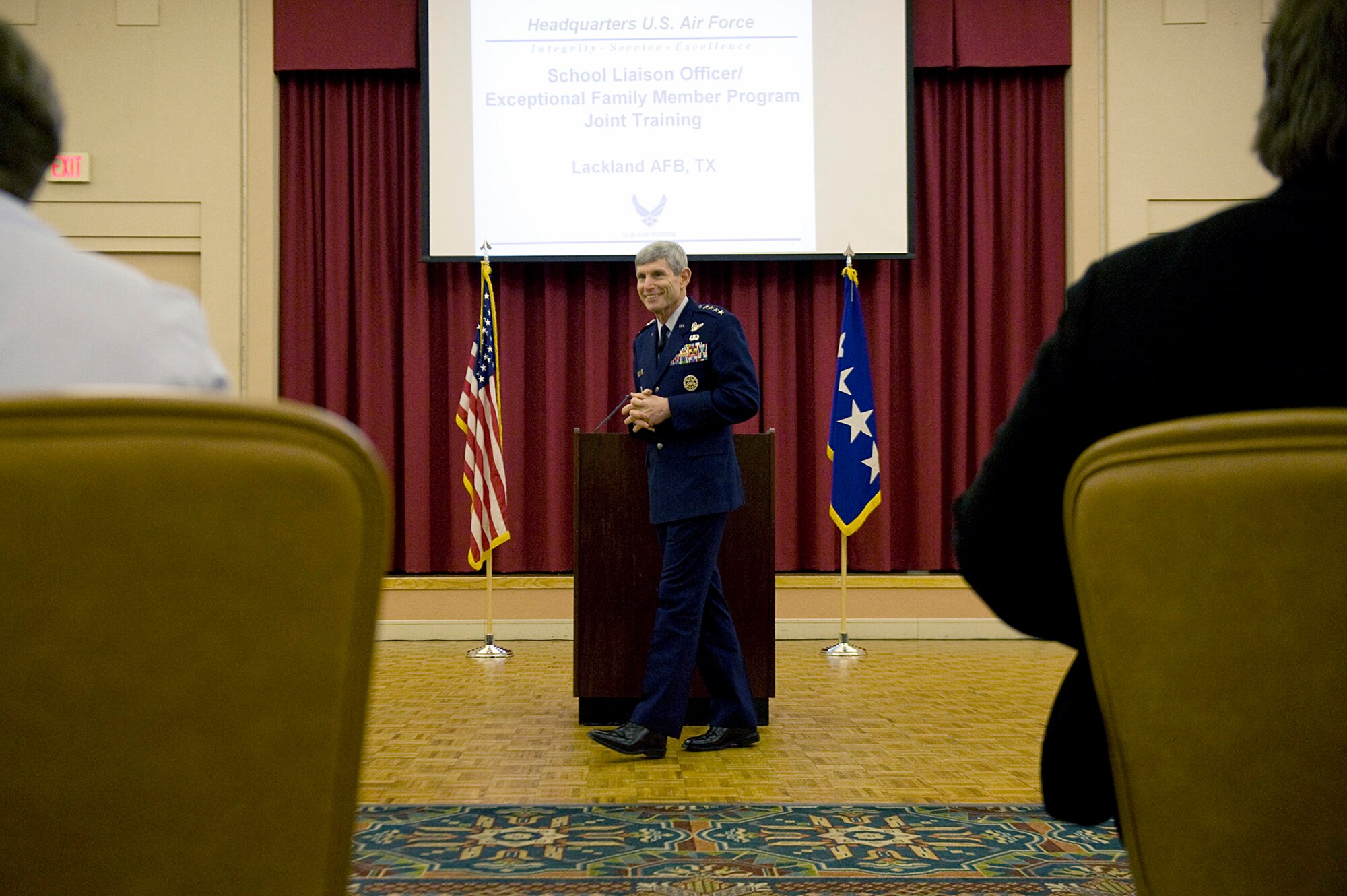 Air Force Chief of Staff Gen. Norton Schwartz speaks to attendees at the Exceptional Family Member Program  and School Liaison Officer training course Mar. 10, 2011, at Lackland Air Force Base, San Antonio. The two programs are geared toward taking care of families with special needs and childhood education respectively. (U.S. Air Force photo/Staff Sgt. Desiree N. Palacios)
