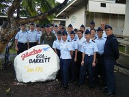 Col. Sam Barrett (in flight suit), 15th Wing commander at Joint Base Pearl Harbor-Hickam, Hawaii, visits the cadets of Detachment 175, a Reserve Officers’ Training Corps unit March 10 at the University of Hawaii at Manoa. During his visit, Colonel Barrett spoke to the 91 cadets about leadership, 15th Wing transitions, growing up in a military family and serving in the military with a family. (U.S. Air Force courtesy photo)