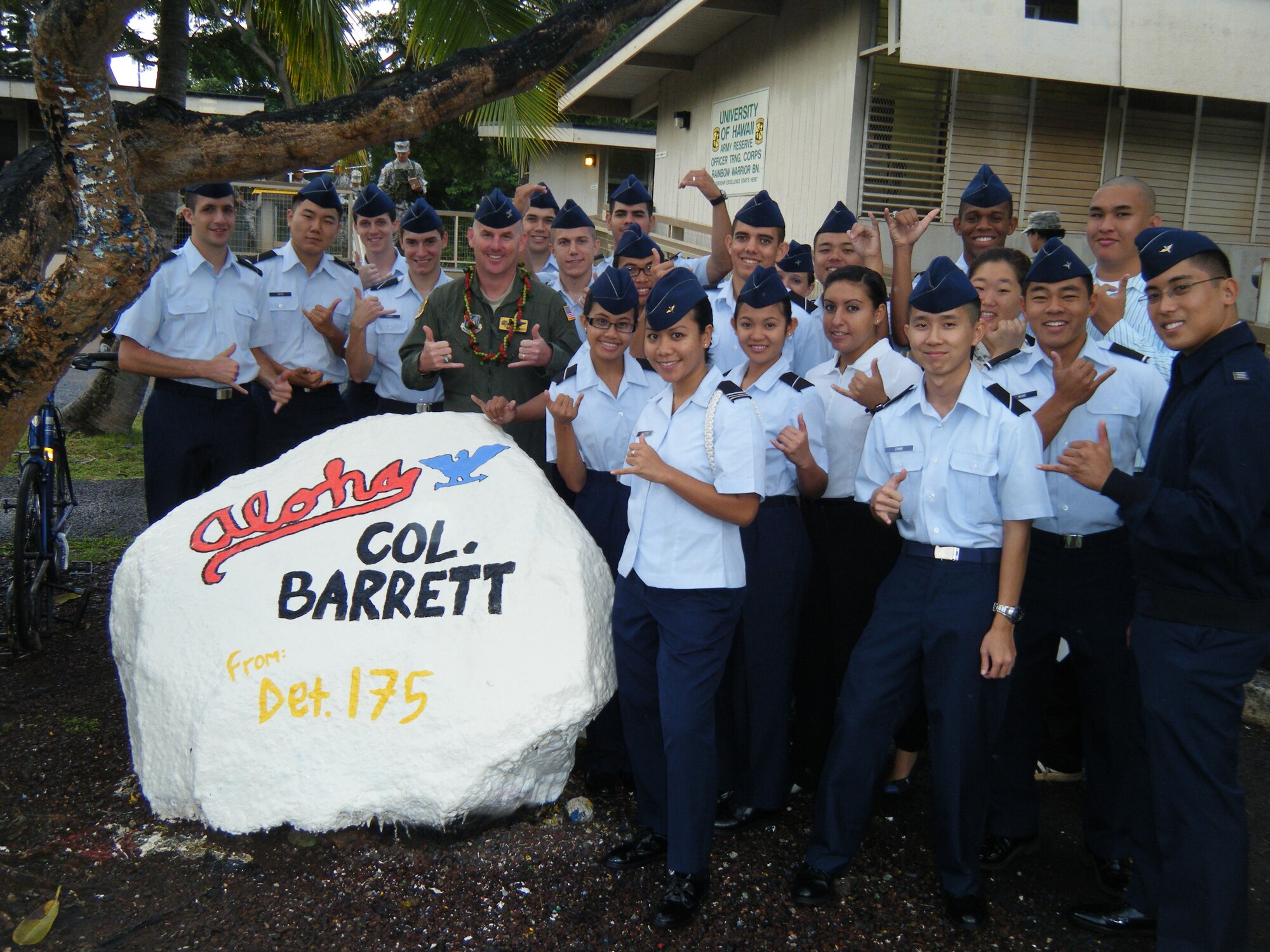 Col. Sam Barrett (in flight suit), 15th Wing commander at Joint Base Pearl Harbor-Hickam, Hawaii, visits the cadets of Detachment 175, a Reserve Officers’ Training Corps unit March 10 at the University of Hawaii at Manoa. During his visit, Colonel Barrett spoke to the 91 cadets about leadership, 15th Wing transitions, growing up in a military family and serving in the military with a family. (U.S. Air Force courtesy photo)