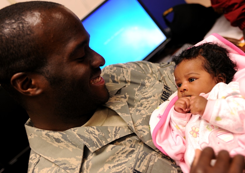 MOODY AIR FORCE BASE, Ga.-- Staff Sgt. Charles Smith, 23rd Component Maintenance Squadron fuels system technician, plays with his daughter, Niyla before leaving on his deployment to Afghanistan March 14. Niyla was born 7 weeks before Sergeant Smith left for his deployment. (U.S. Air Force photo/Airman 1st Class Benjamin Wiseman)(RELEASED)
