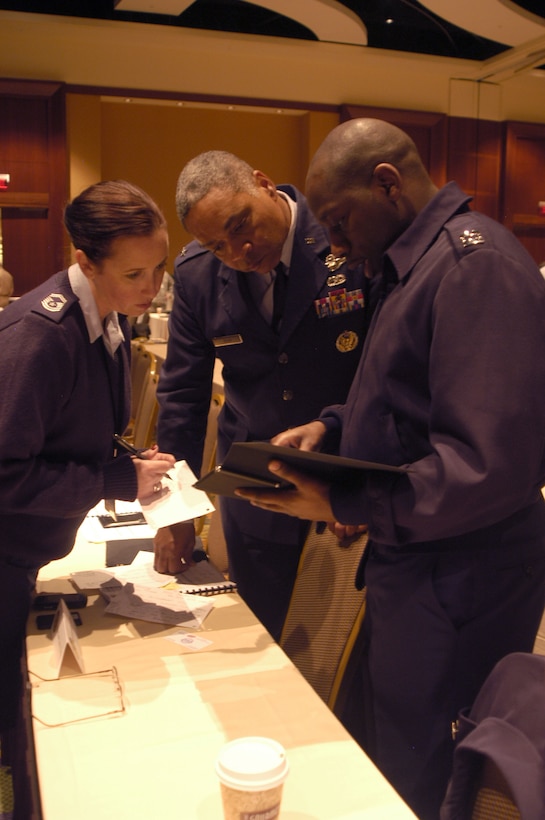 Maj. Gen. Garry C. Dean (center), commander of Air Forces Northern, confers with Senior Master Sgt. Harmony Thomas (left) and U.S Coast Guard Lt. Commander K. Moore prior to the general’s opening remarks at the 2011 National Defense Support of Civil Authorities Symposium in Orlando, Fla.  AFNORTH was the host for this year’s symposium that was held March 7-11, 2011.  (U.S. Air Force photo by Lt. Col. Susan A. Romano)