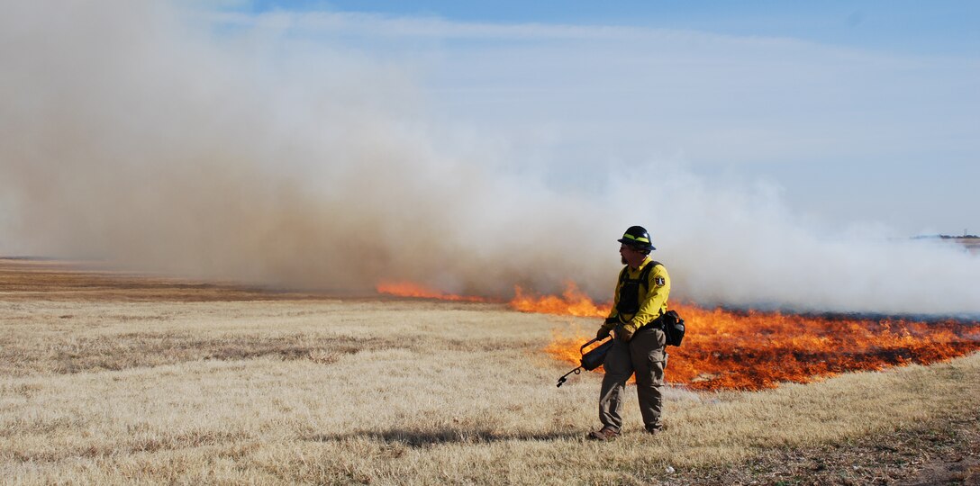 Kelly Carter, a Burkburnett, Texas, firefighter and burn boss, walks the south edge of a 13-acre plot along Sheppard Air Force Base's flightline March 12 to ignite dried grass during a controlled burn. A controlled burn was conducted to test its effect on mitigating the growth of various grasses and weeds as well as how it could control the wildlife that takes up residence on the flightline. (U.S. Air Force photo/John Ingle)