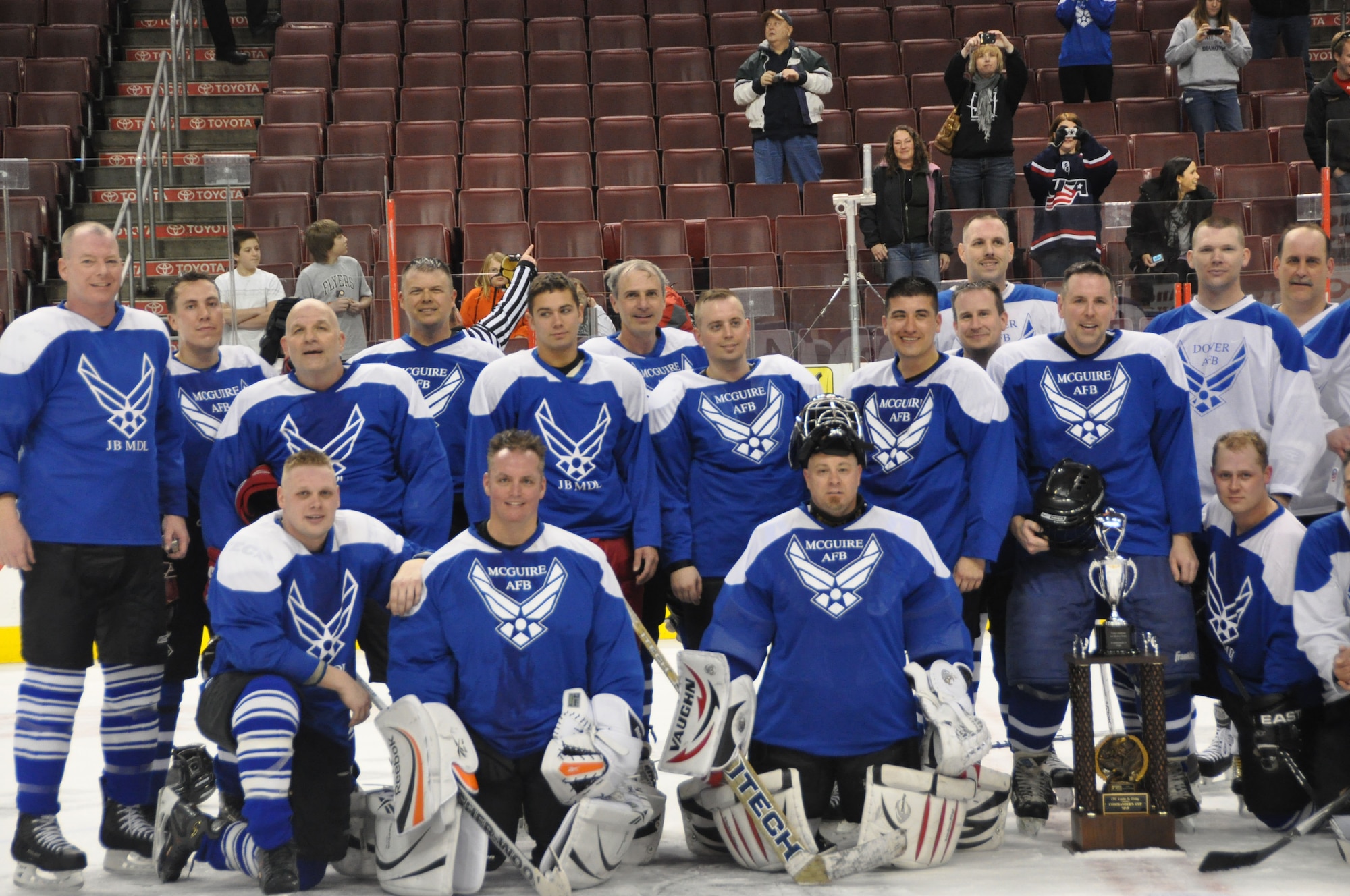 JOINT BASE MCGUIRE-DIX-LAKEHURST, N.J. - The Joint Base McGuire-Dix-Lakehurst All Stars here, win the 4th annual charity ice hockey fundraiser game against the Dover All Stars teams from  Dover Air Force Base, Del. The game was held March 12 at the Wells Fargo Center in Philadelphia, Pa. Combined, the teams raised $1,250 for the Combined Federal Campaign Airmen Memorial Foundation.(U.S. Air Force photo/Master Sgt. Donna T. Jeffries)