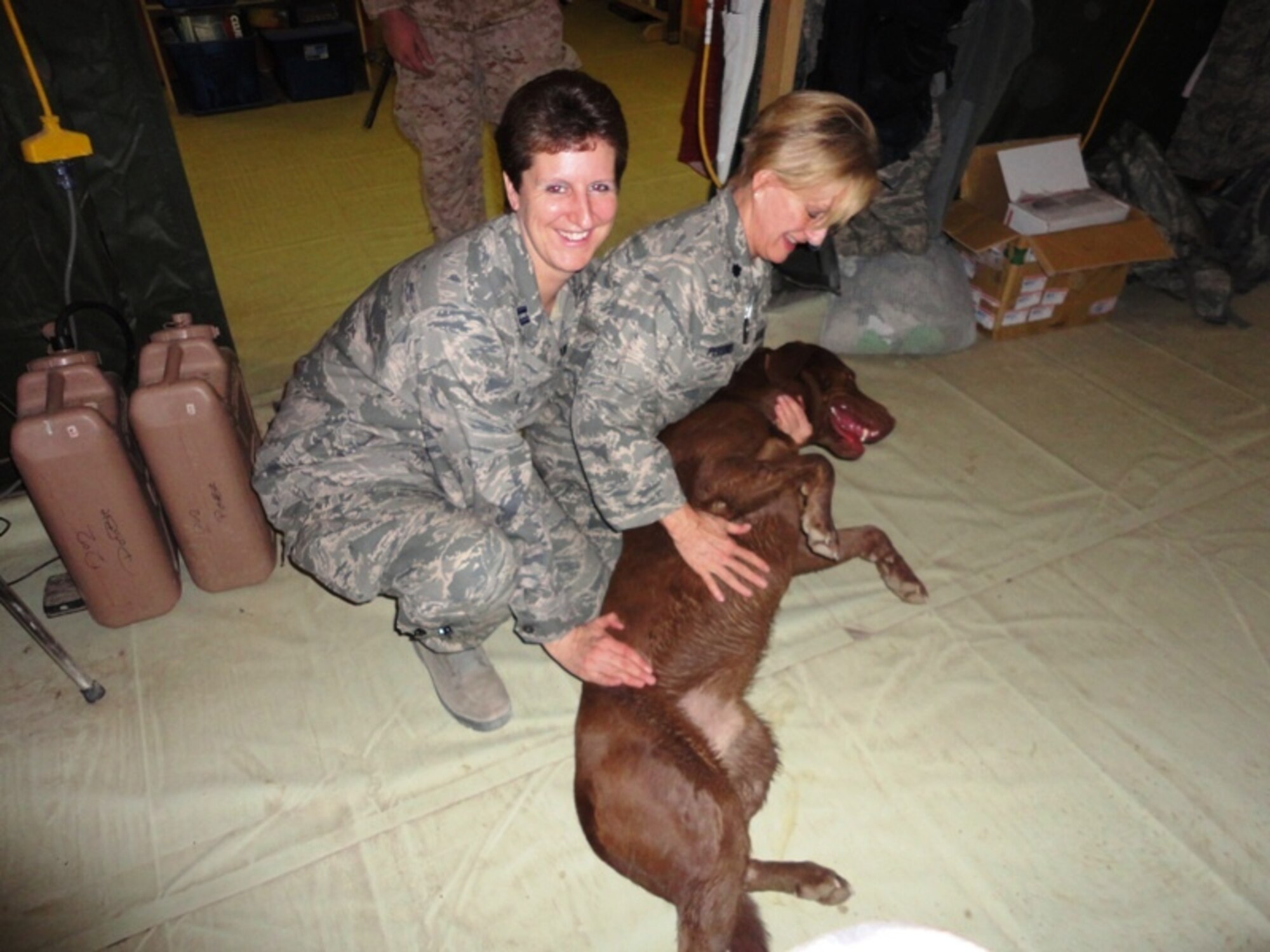 Capt. Margaret Linthicum is deployed from the 633d Inpatient Operations Squadron Neonatal Intensive Care Unit at Langley Air Force Base, Va., to the 451st Expeditionary Aeromedical Evacuation Squadron Det. 1 Contingency Aeromedical Staging Facility at Camp Bastion, Afghanistan. Captain Linthicum and the CASF flight commander enjoy down time with Topper the military working dog.