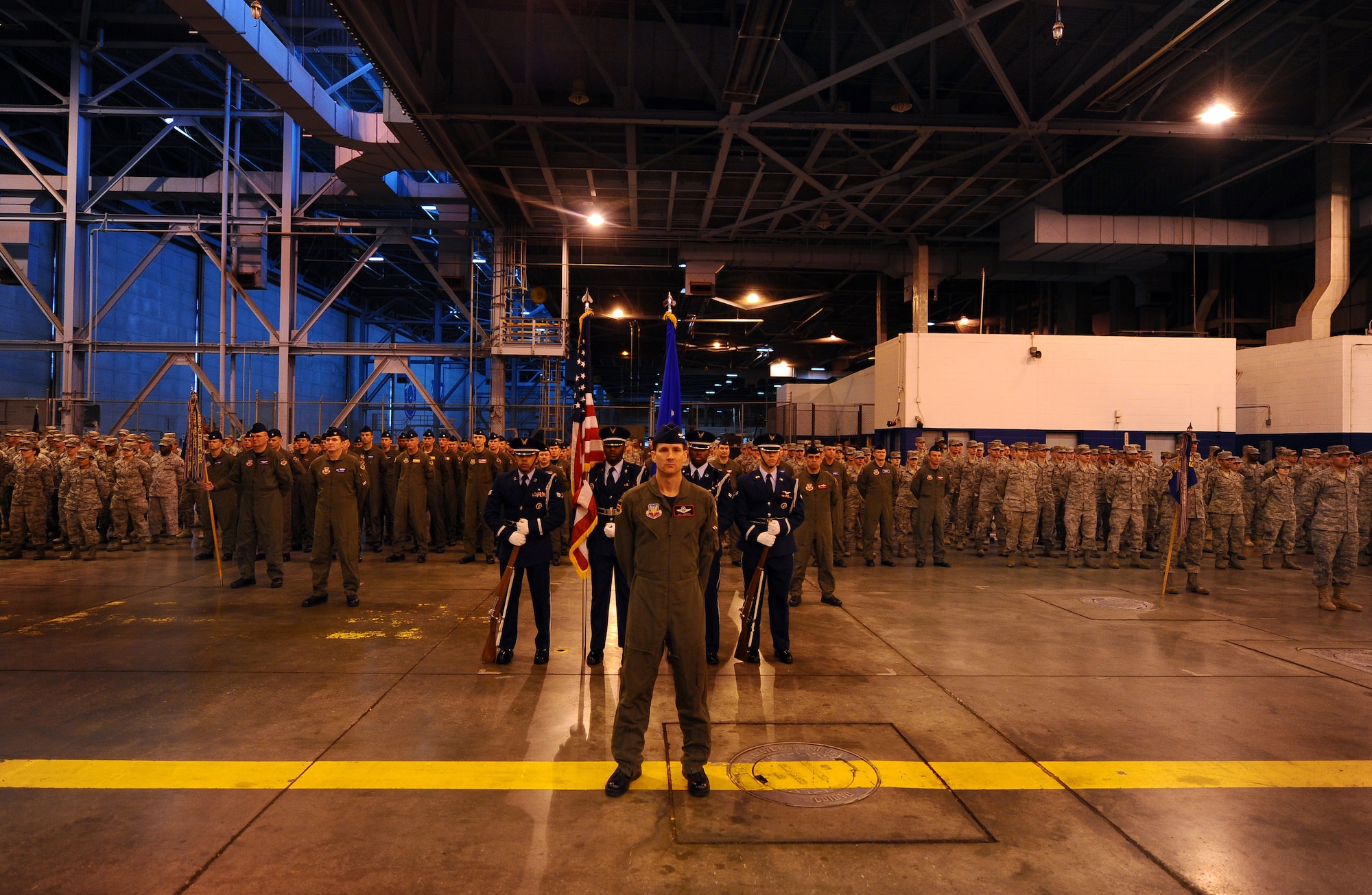 OFFUTT AIR FORCE BASE, Neb. - Col. William Jensen, 55th Wing vice commander, leads the wing's formation at a change of command ceremony March 9. Brig. Gen. John N.T. Shanahan relinquished command to Brig. Gen. Donald Bacon. 
U.S. Air Force photo by Josh Plueger. (released)