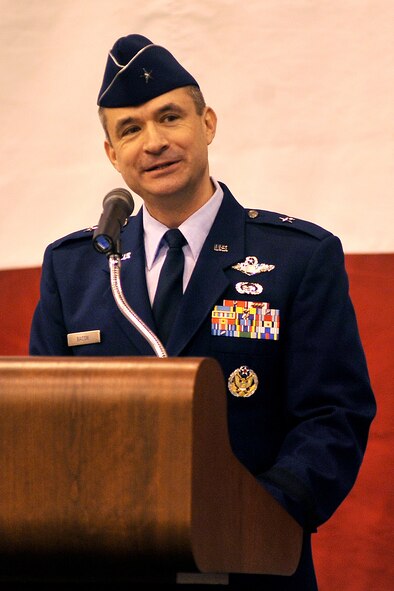 OFFUTT AIR FORCE BASE, Neb. - Brig. Gen. Donald Bacon, new 55th Wing commander, addresses the audience at a change of command ceremony March 9 at the Bennie Davis Maintenance Facility. U.S. Air Force photo by Charles Haymond (released)
