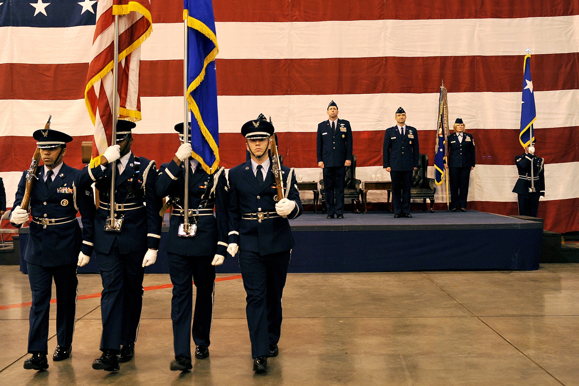 OFFUTT AIR FORCE BASE, Neb. - The Offutt Air Force Base Honor Guard presents the colors at the 55th Wing change of command ceremony March 9 at the Bennie Davis Maintenance Facility. Brig. Gen. John N.T. Shanahan relinquished command to Brig. Gen. Donald Bacon in a ceremony presided by Lt. Gen. Glenn Spears, 12th Air Force commander. U.S. Air Force photo by Charles Haymond (released) 